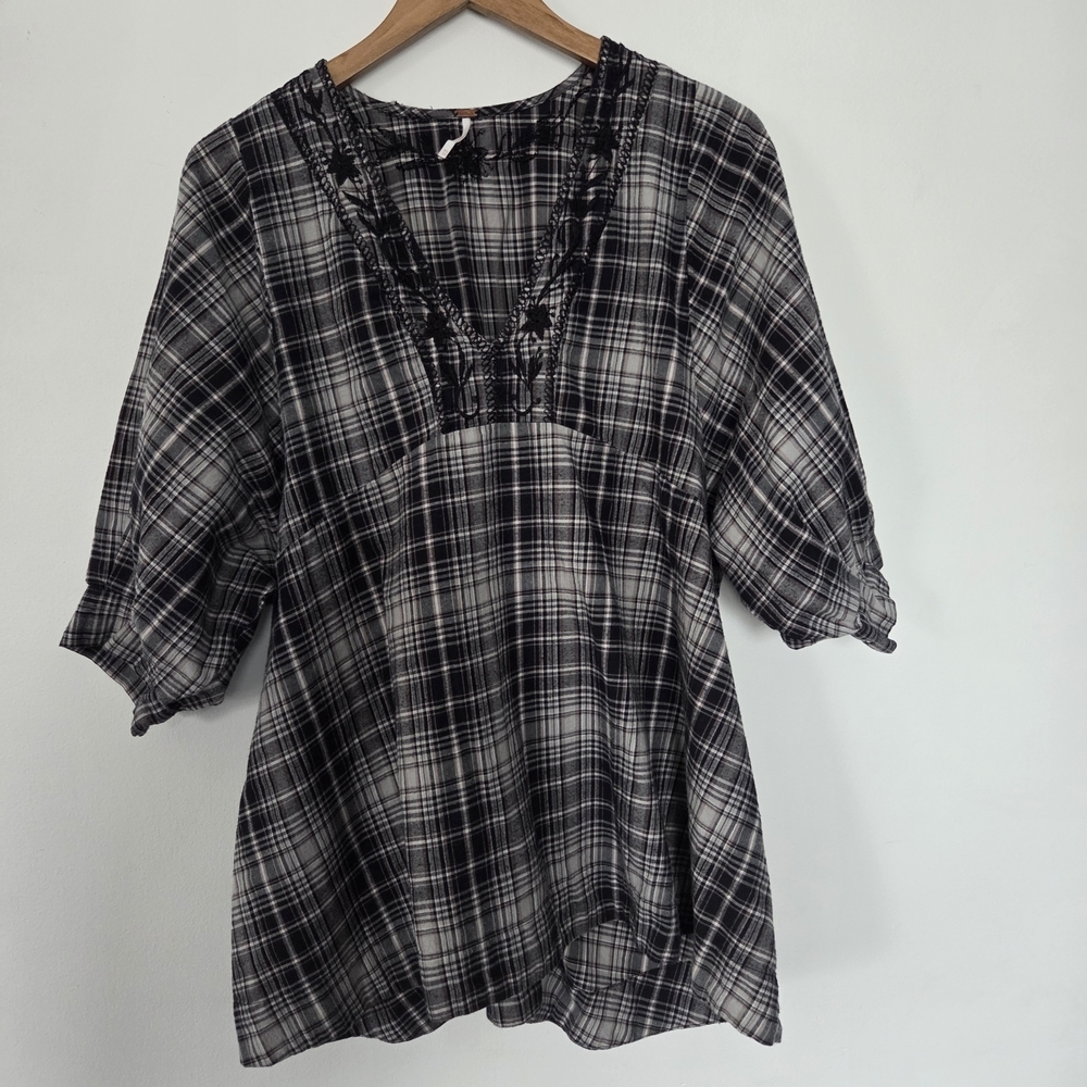 Free People Plaid Top With Embroidered Neckline Xs